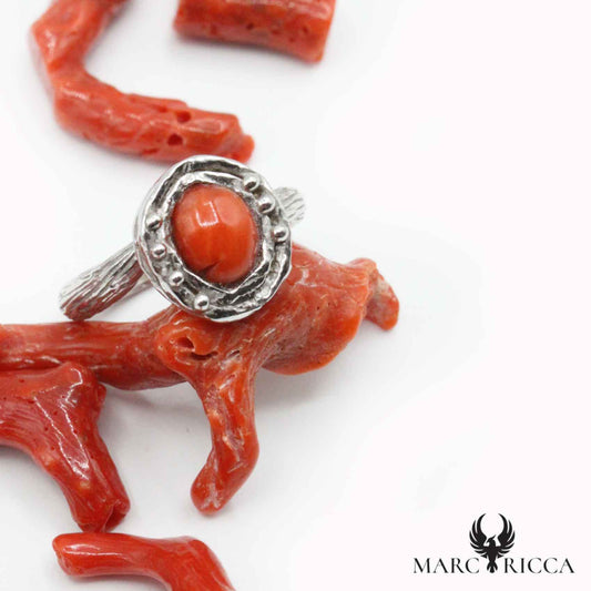 Bague Argent Corail Cabochon