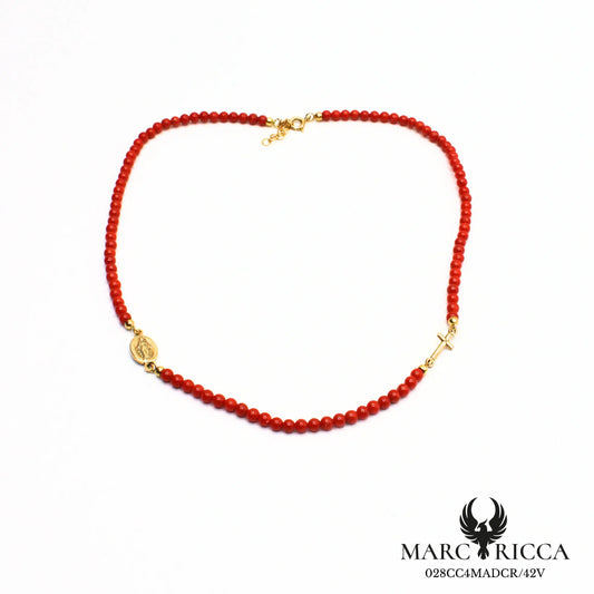Collier en perles de corail avec madone et croix en vermeil