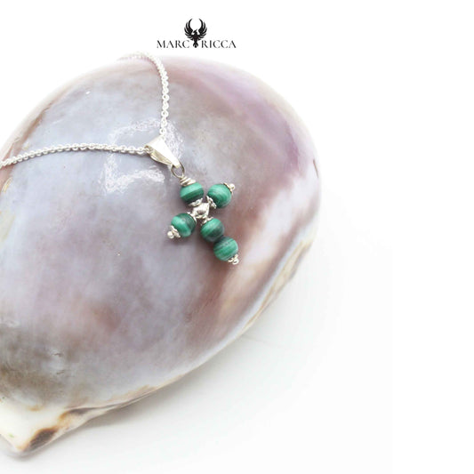 Pendentif Argent Croix Perles Lapis/Malachite/Onyx