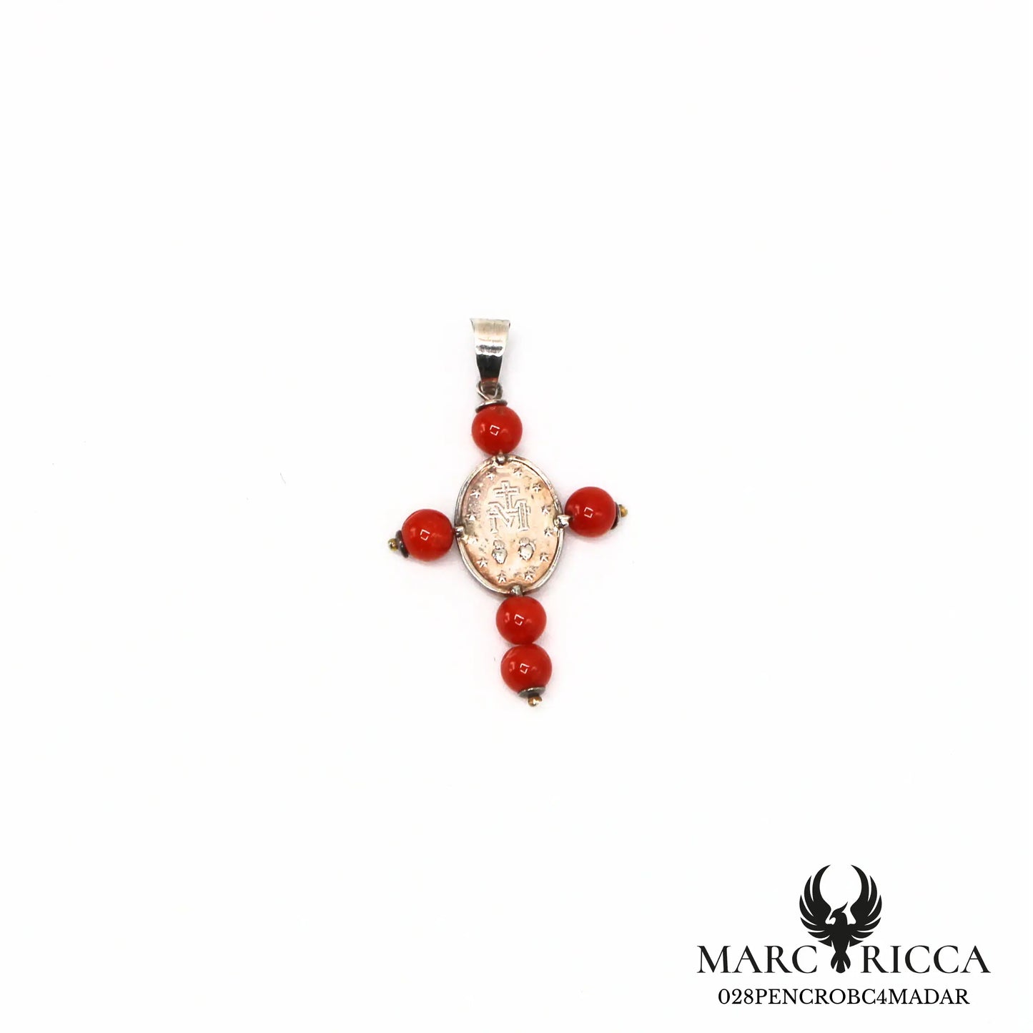 Pendentif croix corail avec Miraculeuse en vermeil ou argent