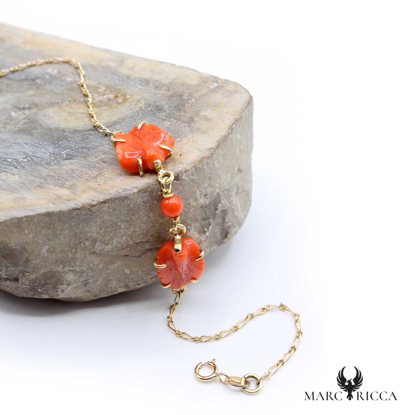 Bracelet Or Feuilles Corail Rouge