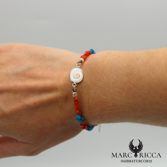 Bracelet corail, turquoise et œil de Sainte-Lucie en Argent