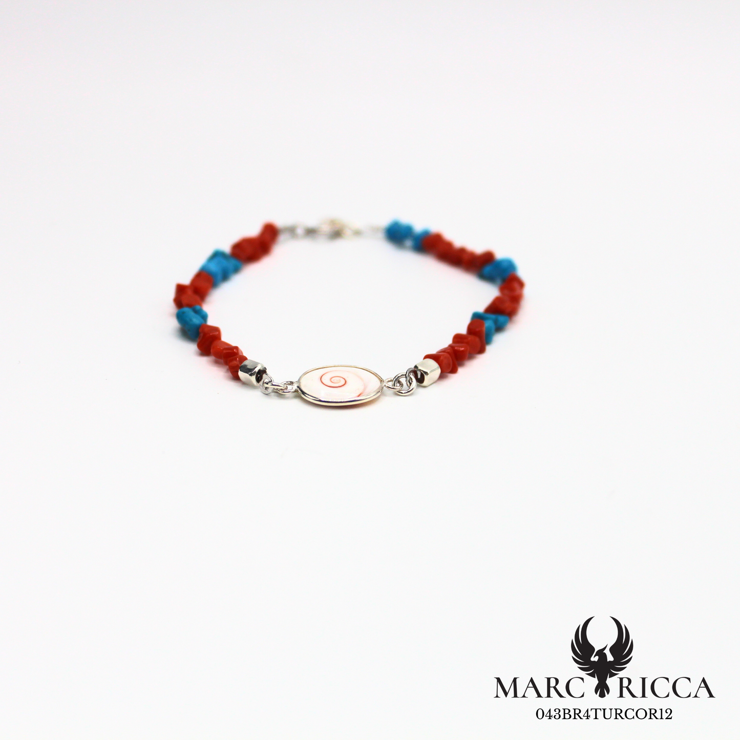 Bracelet corail, turquoise et œil de Sainte-Lucie en Argent