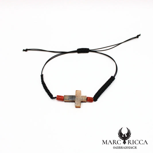 Bracelet cordon macramé croix corne chèvre et corail