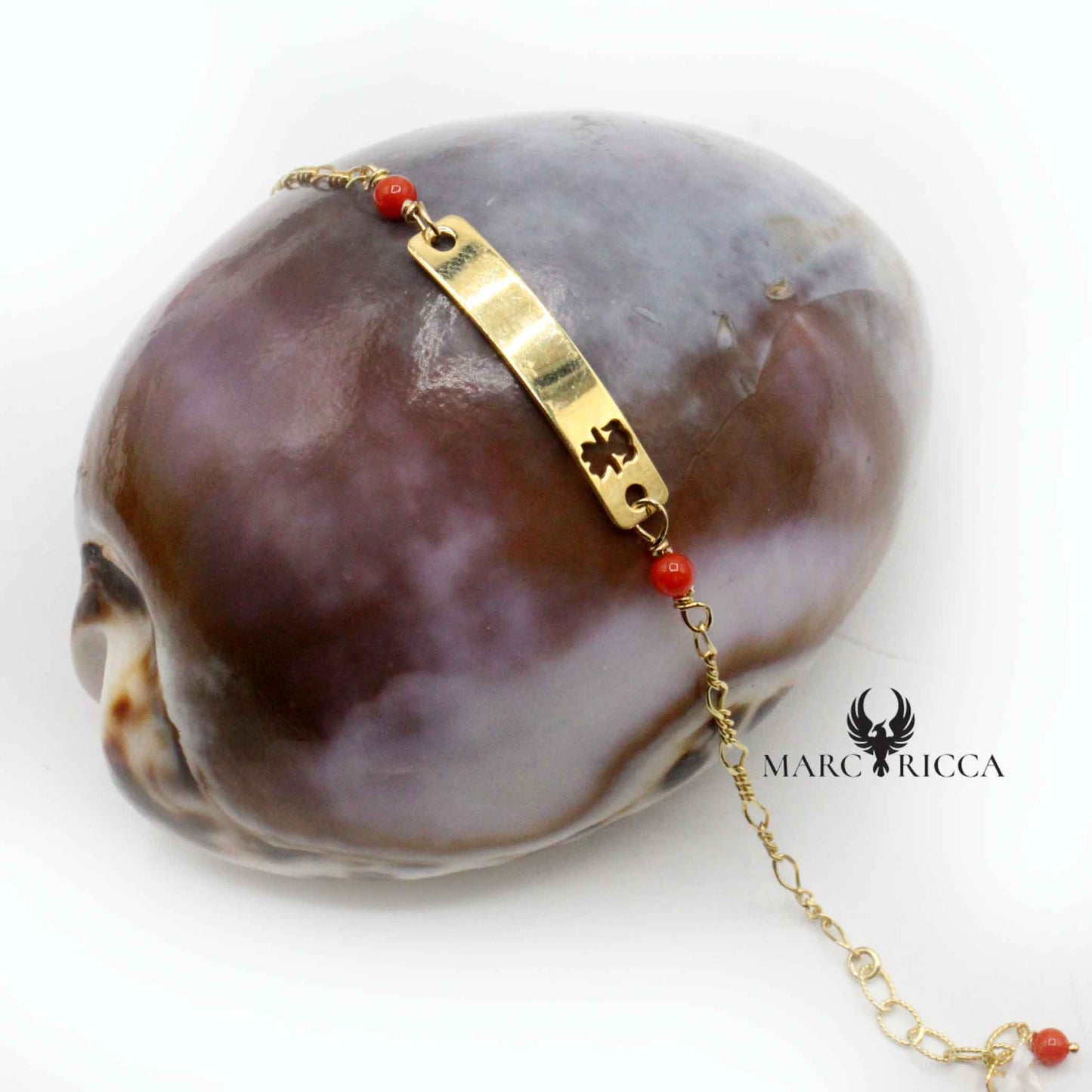 Bracelet Argent Chaine & Plaque, Perles Corail