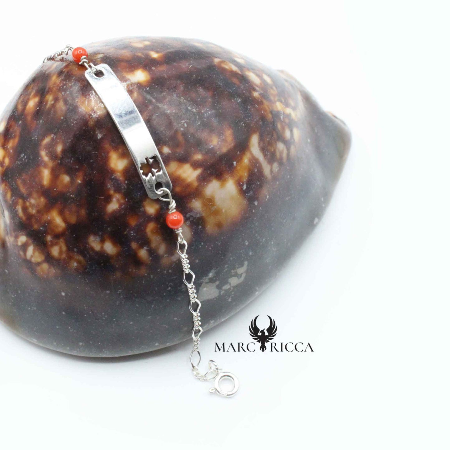 Bracelet Argent Chaine & Plaque, Perles Corail