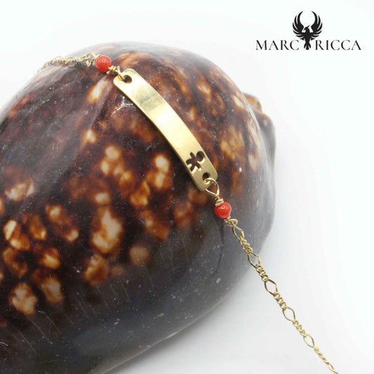 Bracelet Argent Chaine & Plaque, Perles Corail