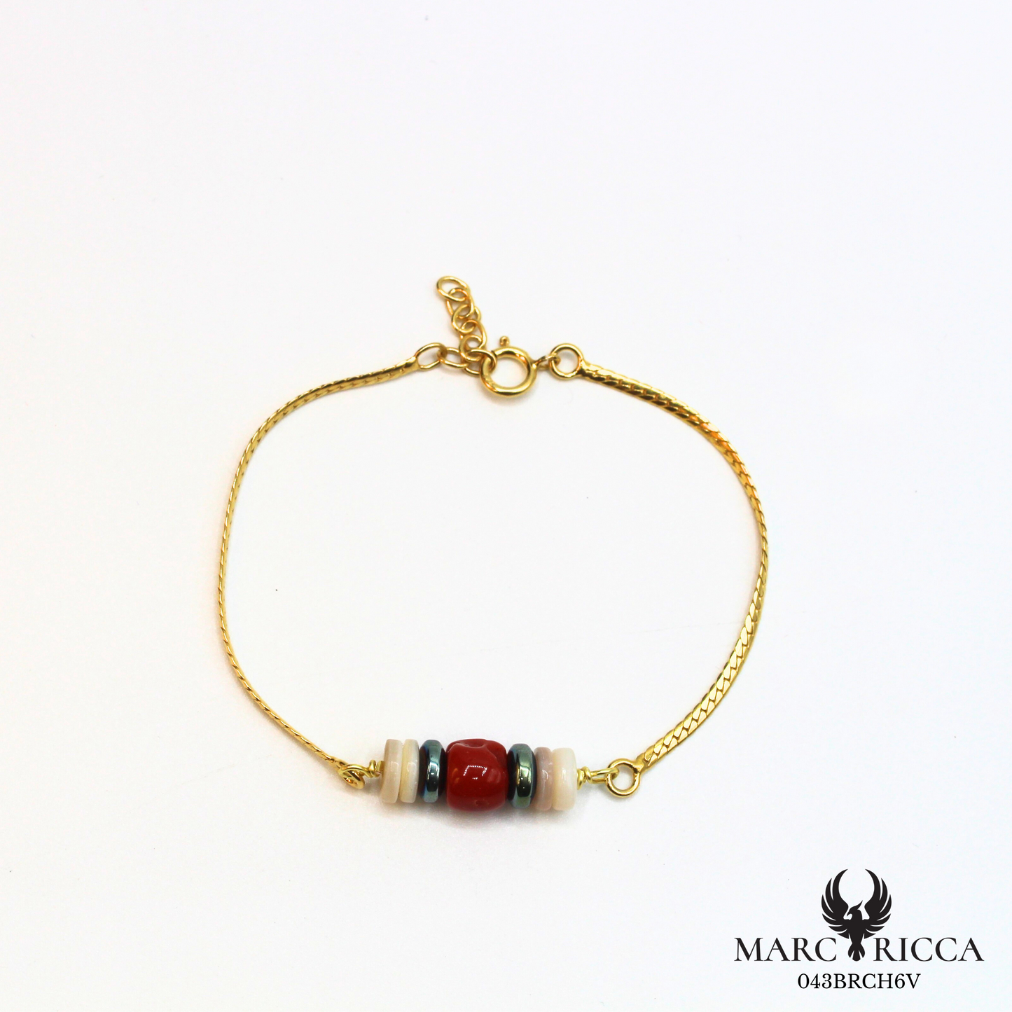 Bracelet corail, hématite bleu et nacre en argent ou vermeil