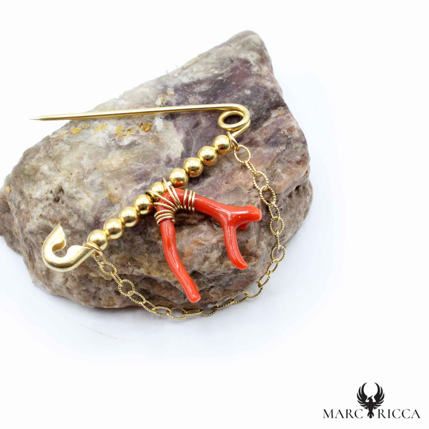 Broche Vermeil Corail Branche & Chainette