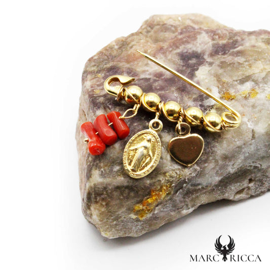 Broche Vermeil Corail, Coeur & Madone