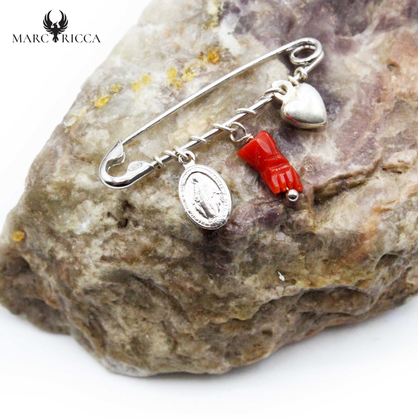 Broche Argent Corail Main, Cœur & Madone