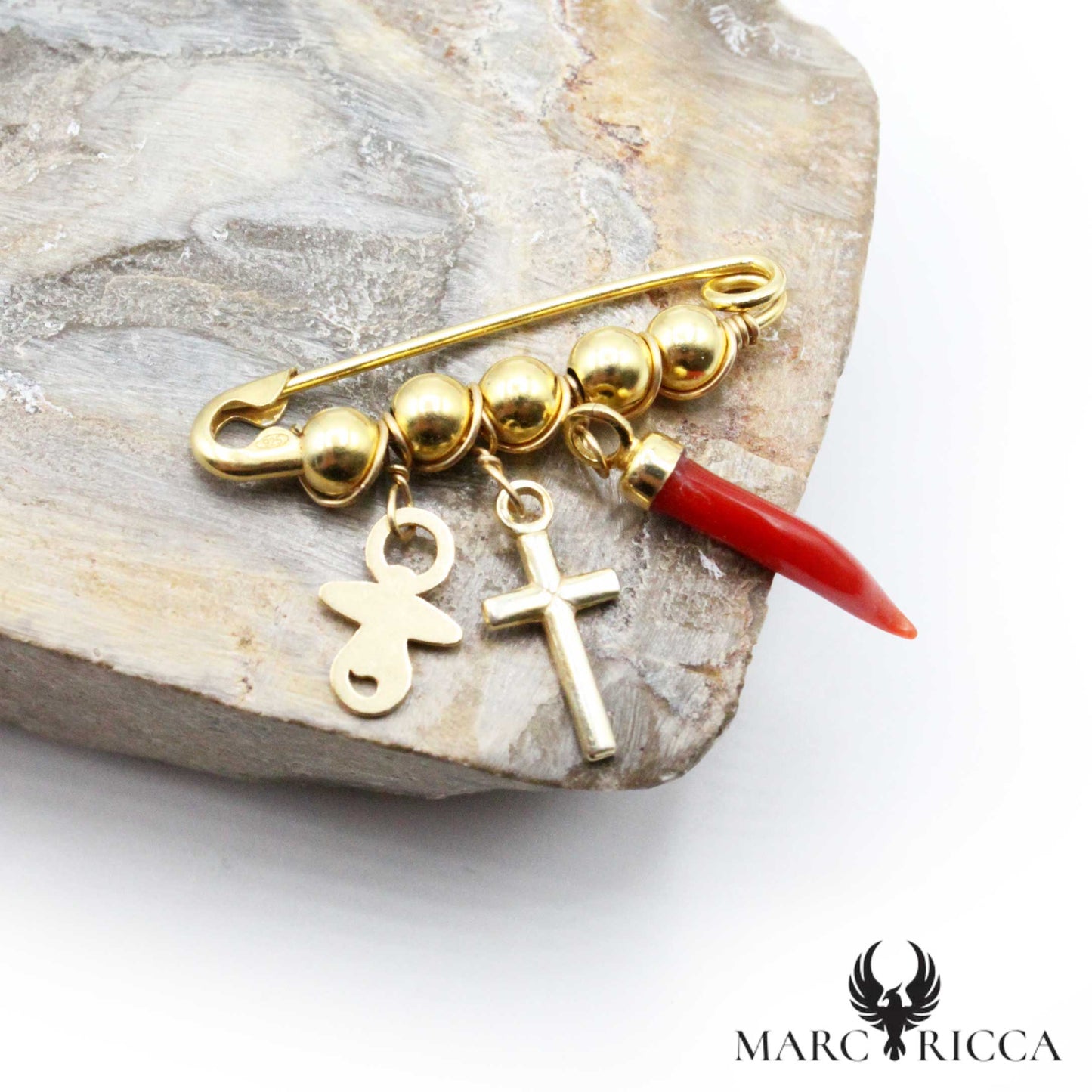 Broche Vermeil Corail Corne, Croix & Tétine