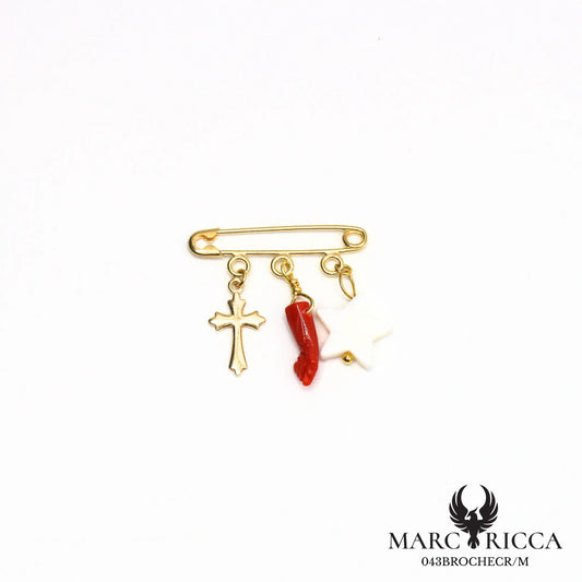 Broche religieuse corail et nacre en vermeil