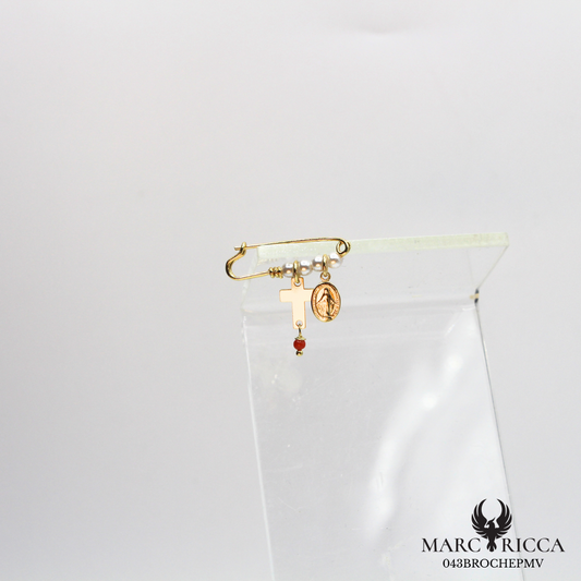 Broche Vermeil Corail perles croix et madone