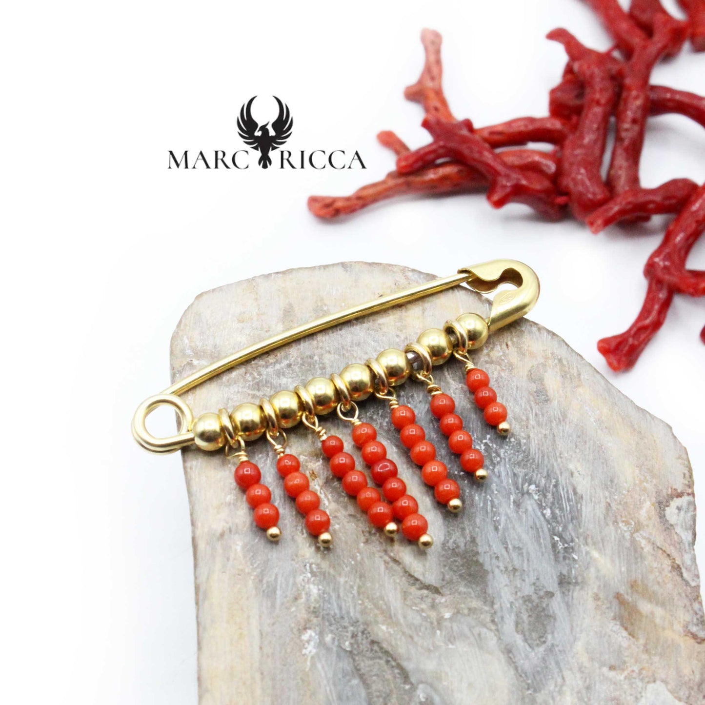 Broche Argent Corail Franges Perles