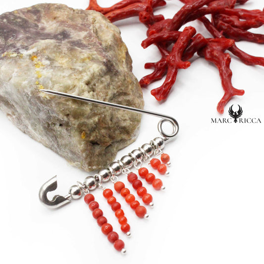 Broche Argent Corail Franges Perles