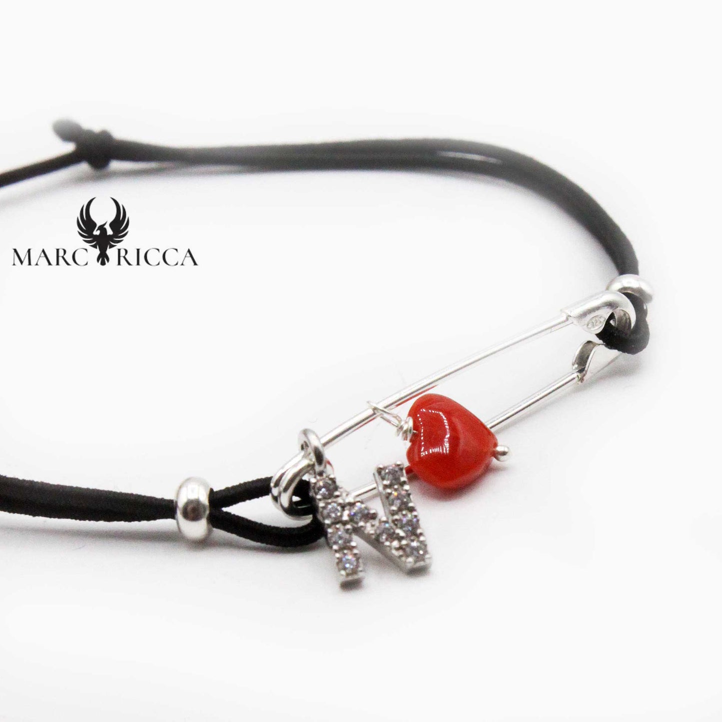 Bracelet Argent Cordon Corail Cœur & Initiale Broche