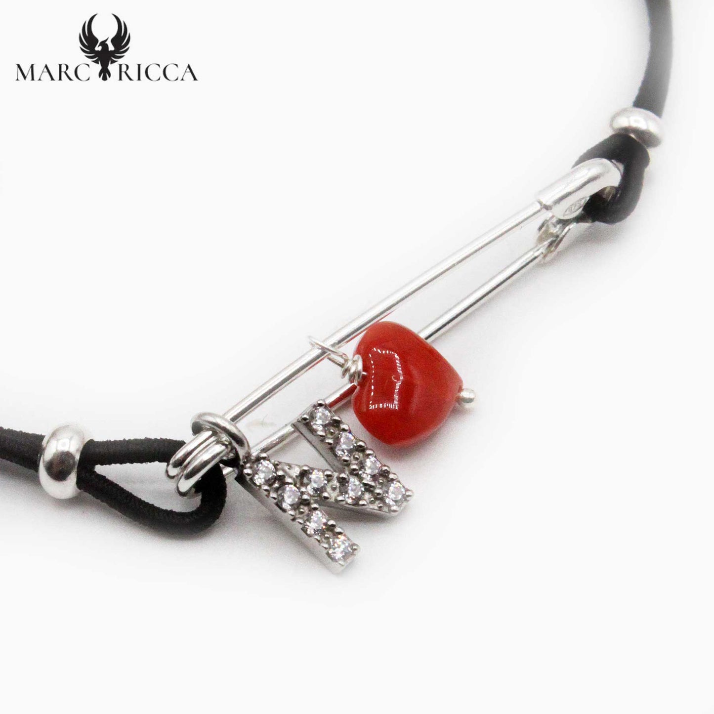 Bracelet Argent Cordon Corail Cœur & Initiale Broche