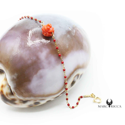 Bracelet Argent Rose Fil Gigi résine & Corail Rouge Vermeil