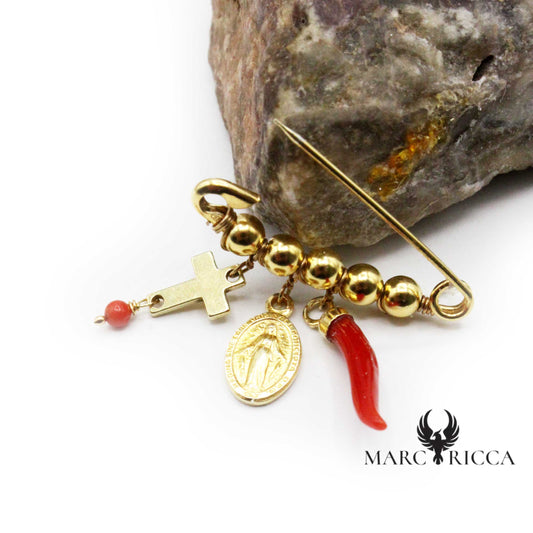 Broche Vermeil Corail Corne, Croix & Madone