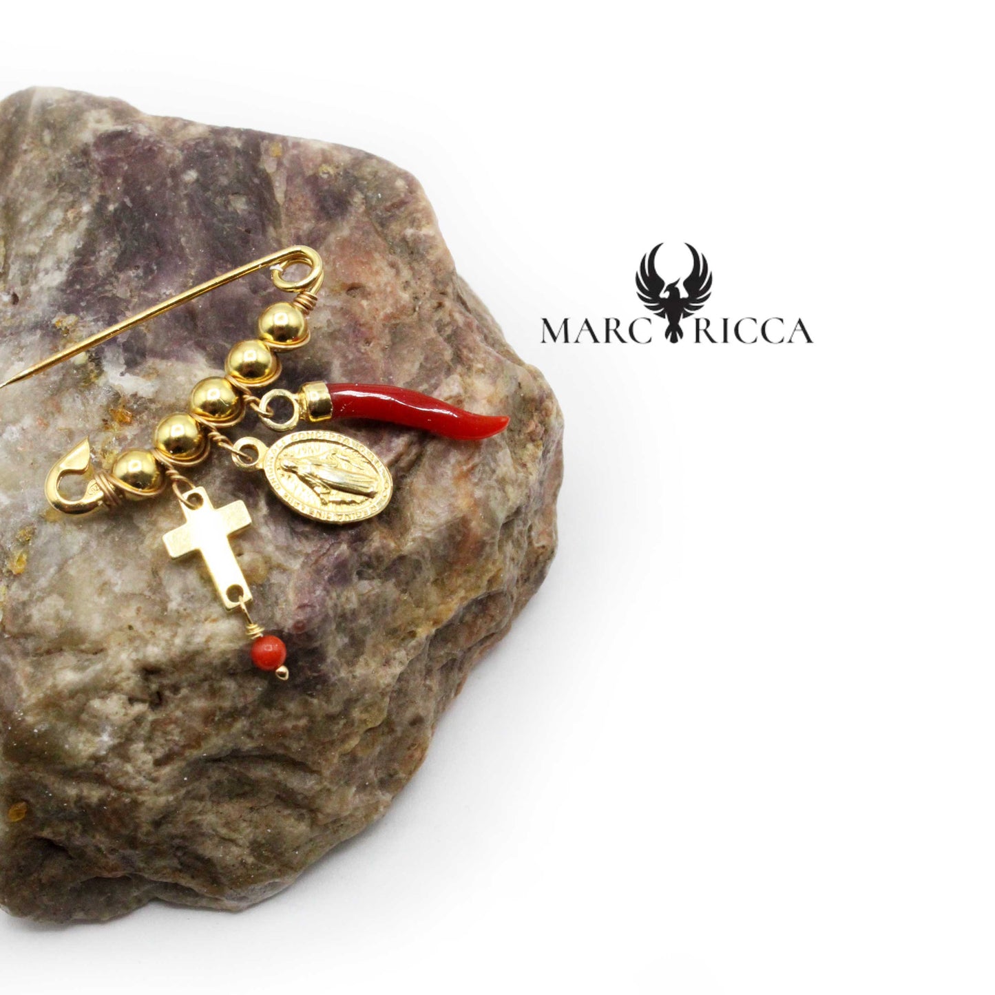 Broche Vermeil Corail Corne, Croix & Madone
