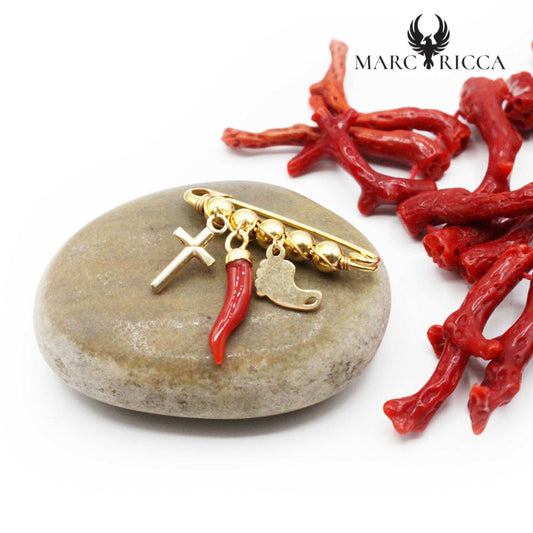 Broche Vermeil Corail Corne, Croix & Pied