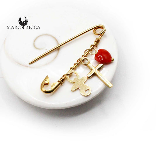 Broche Vermeil Corail Cœur, Croix & Tétine