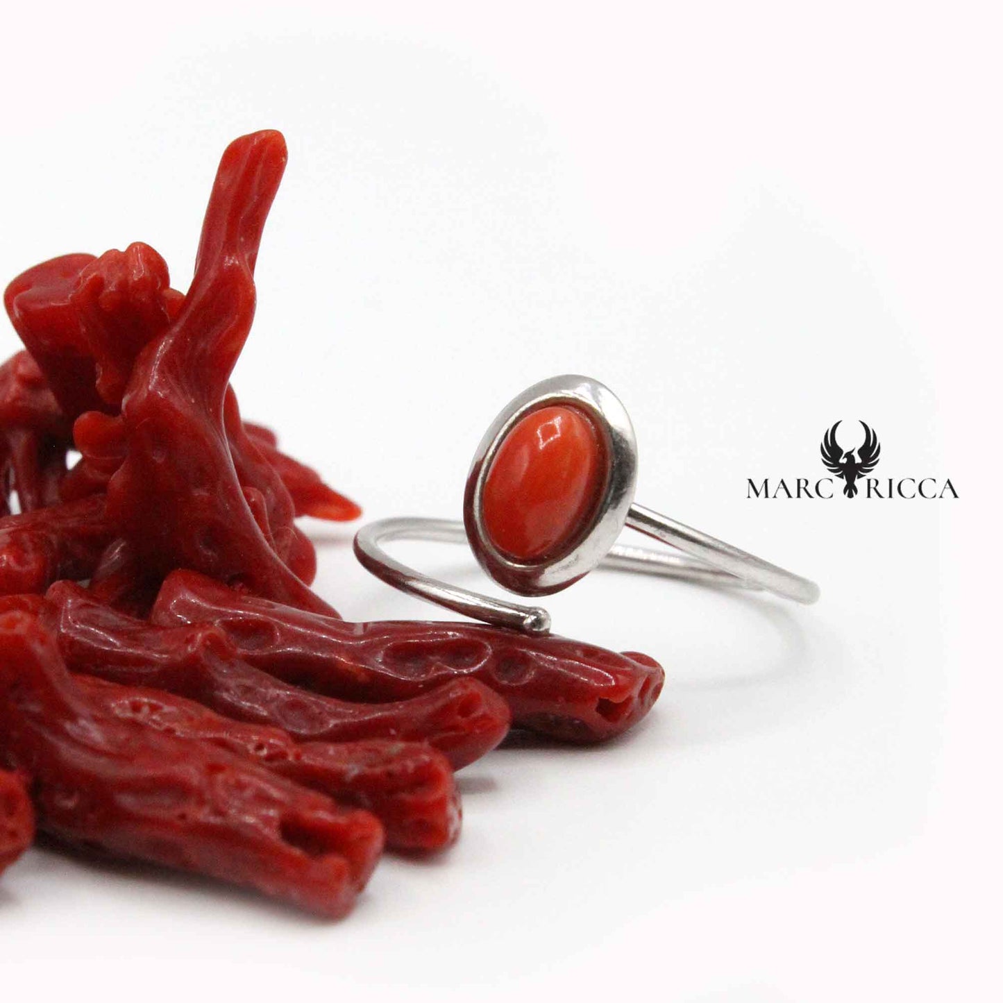 Bague Argent Corail Cabochon Ovale
