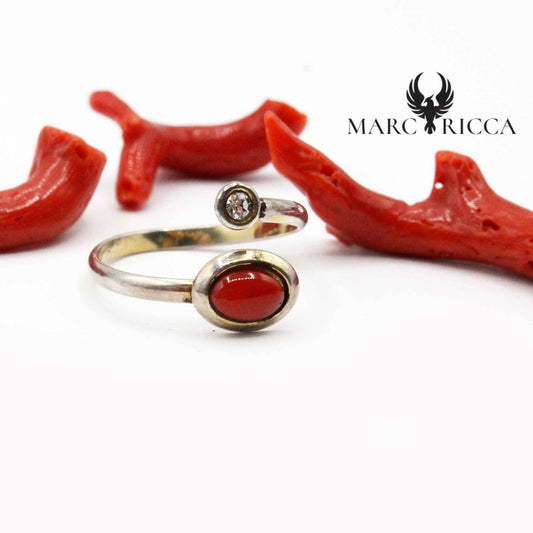 Bague Argent Corail Cabochon Oval & Zirconium