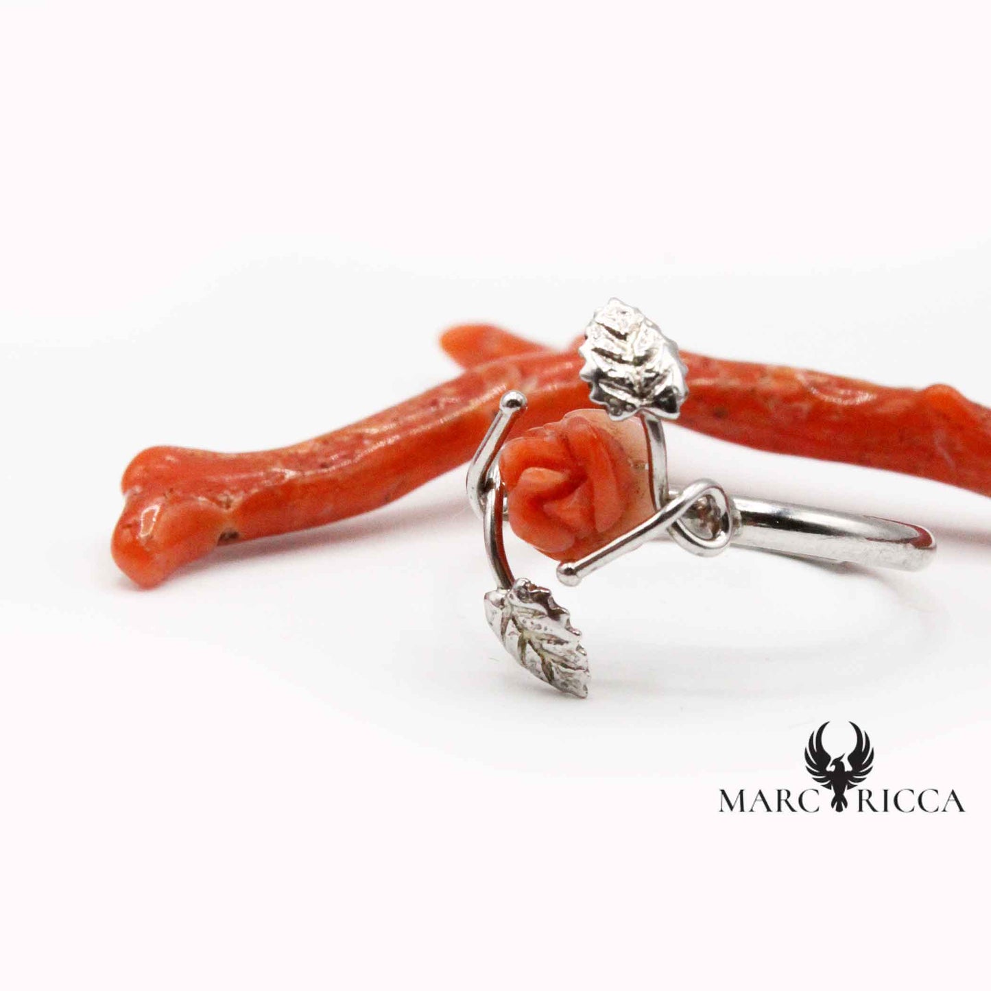 Bague Argent Corail Forme Rose & Feuilles