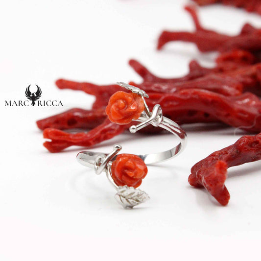 Bague Argent Corail Forme Rose & Feuilles 2