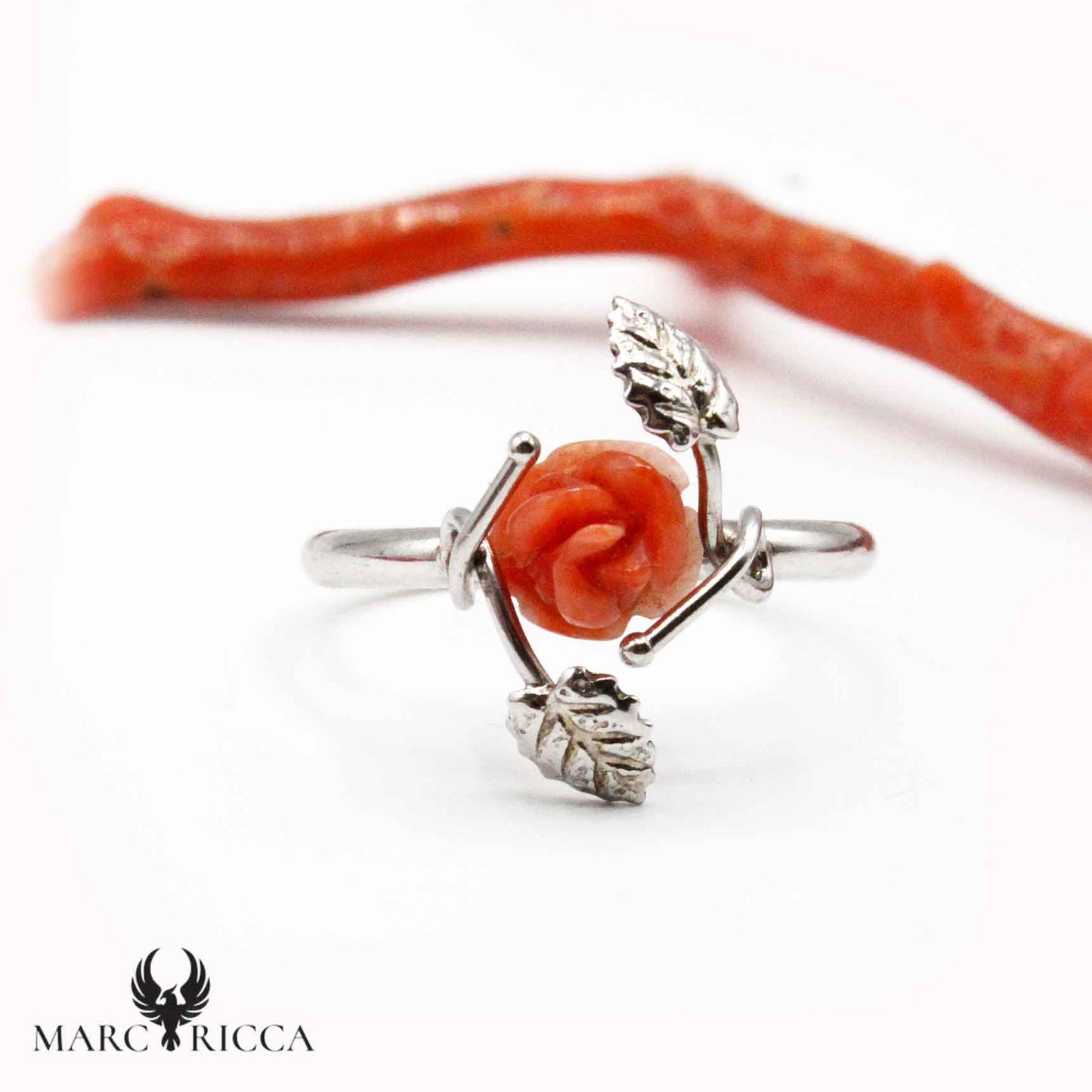 Bague Argent Corail Forme Rose & Feuilles