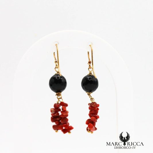 Boucles d'oreilles pendantes corail cupolino et onyx