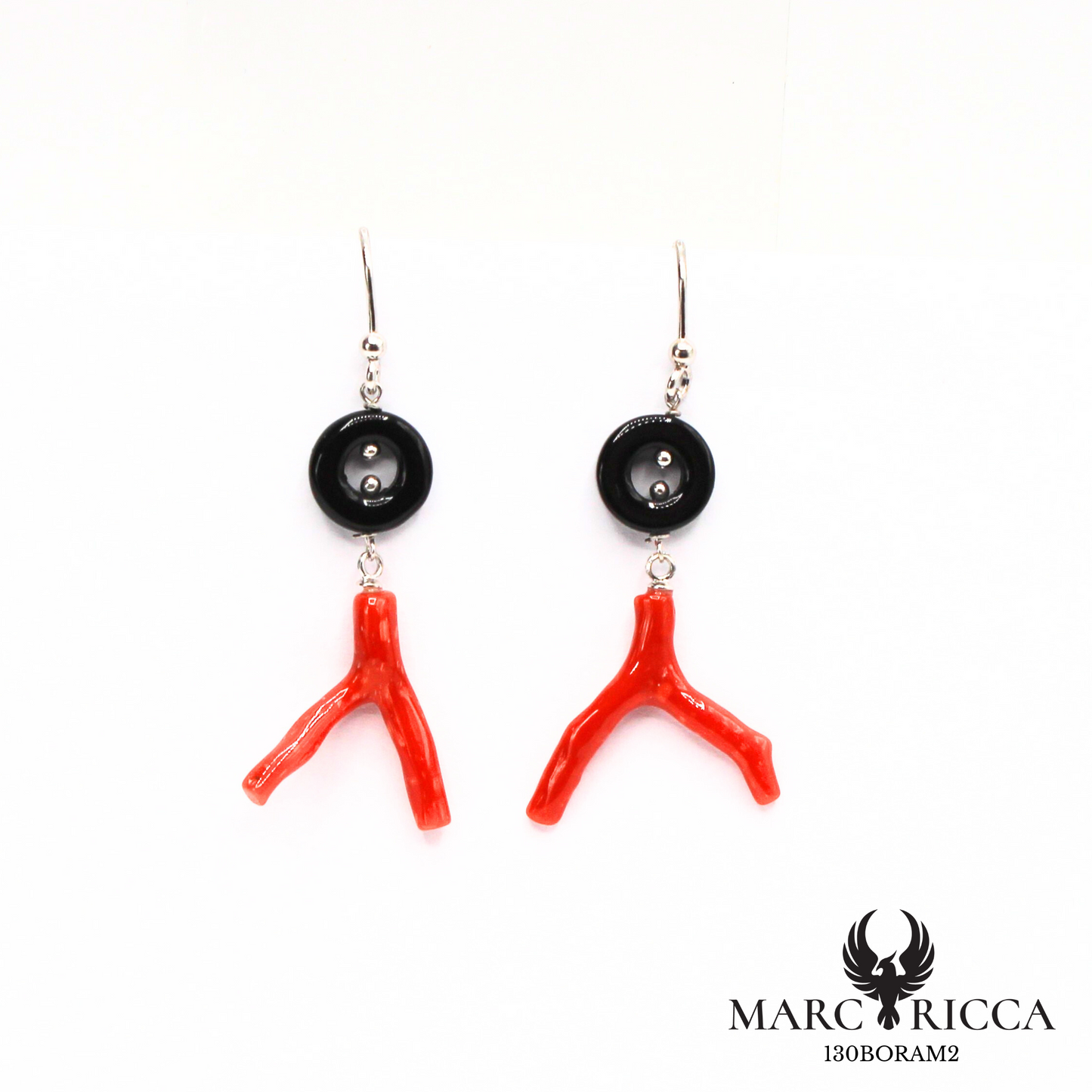 Boucles Argent Branche de Corail & Onyx