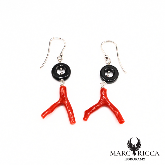 Boucles Argent Branche de Corail & Onyx