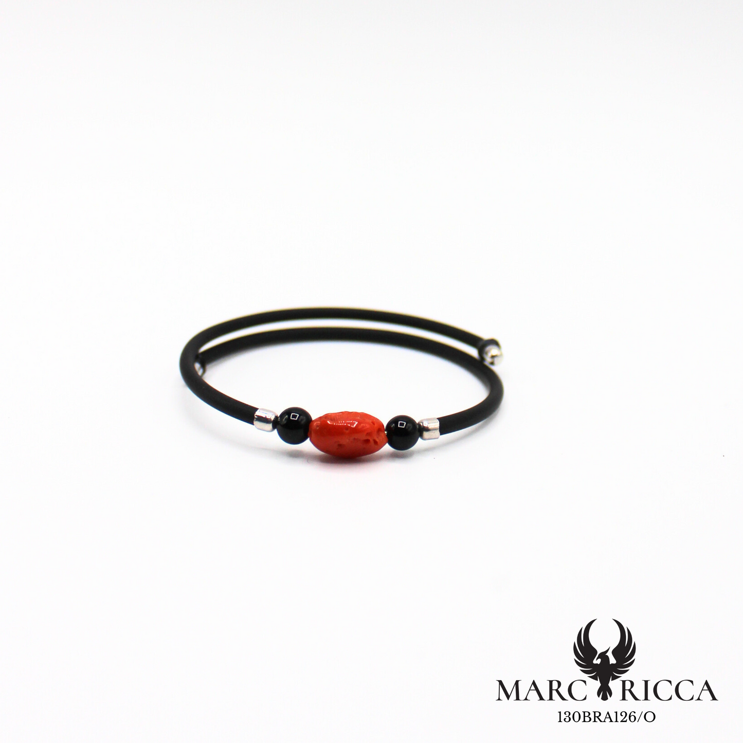 Bracelet jonc en caoutchouc avec perle corail et perles noir