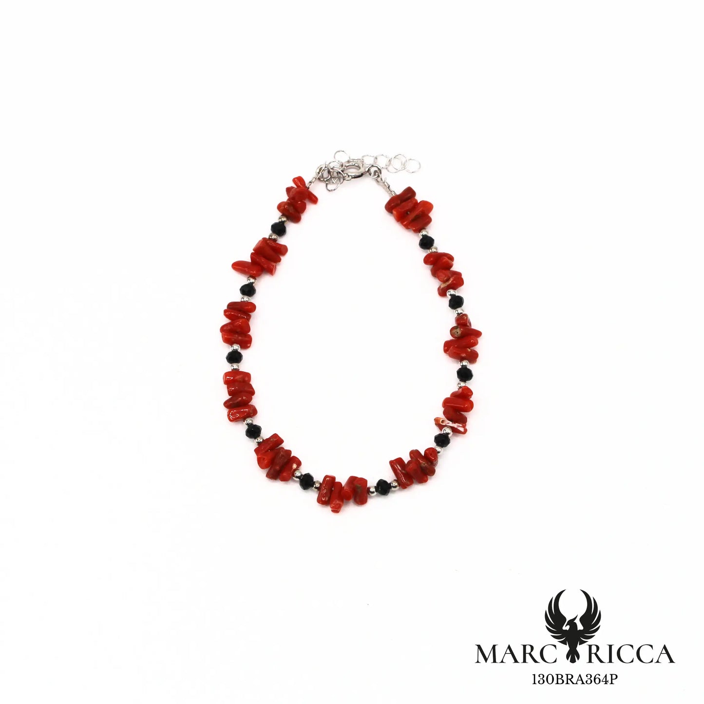 Bracelet corail cupolino et cristal noir en argent 925