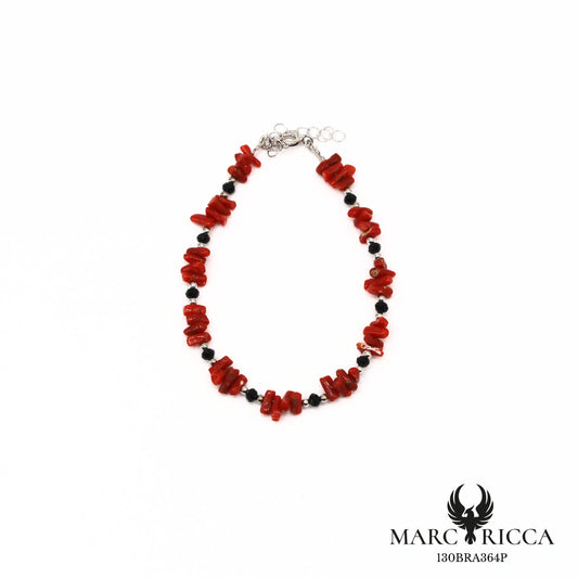 Bracelet corail cupolino et cristal noir en argent 925