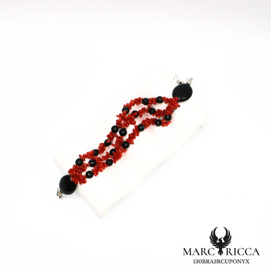Bracelet 3 rangs en corail cupolino et perles d'onyx