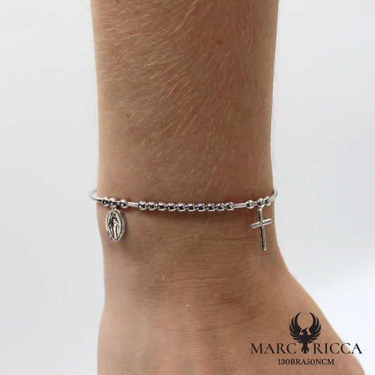 Bracelet Jonc Argent Madone, Croix Vermeil