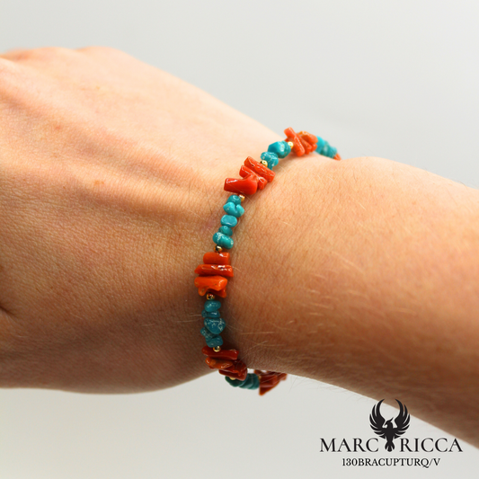 Bracelet corail cupolino et turquoise en vermeil
