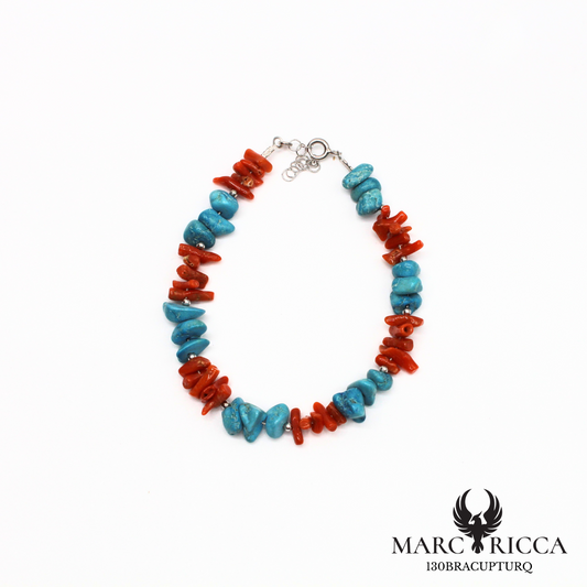 Bracelet en corail cupolino, turquoise et argent