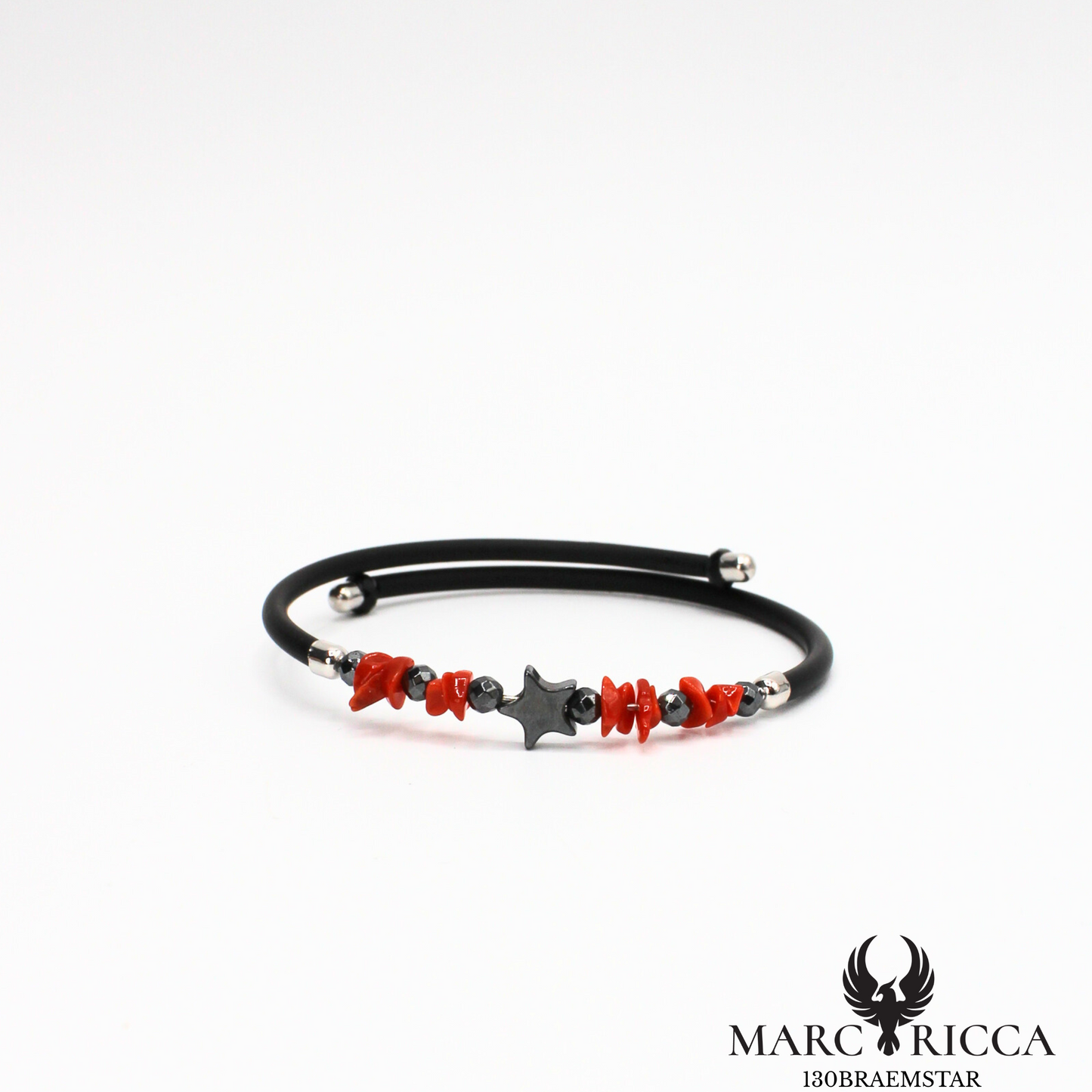 Bracelet jonc caoutchouc corail et hématite étoile