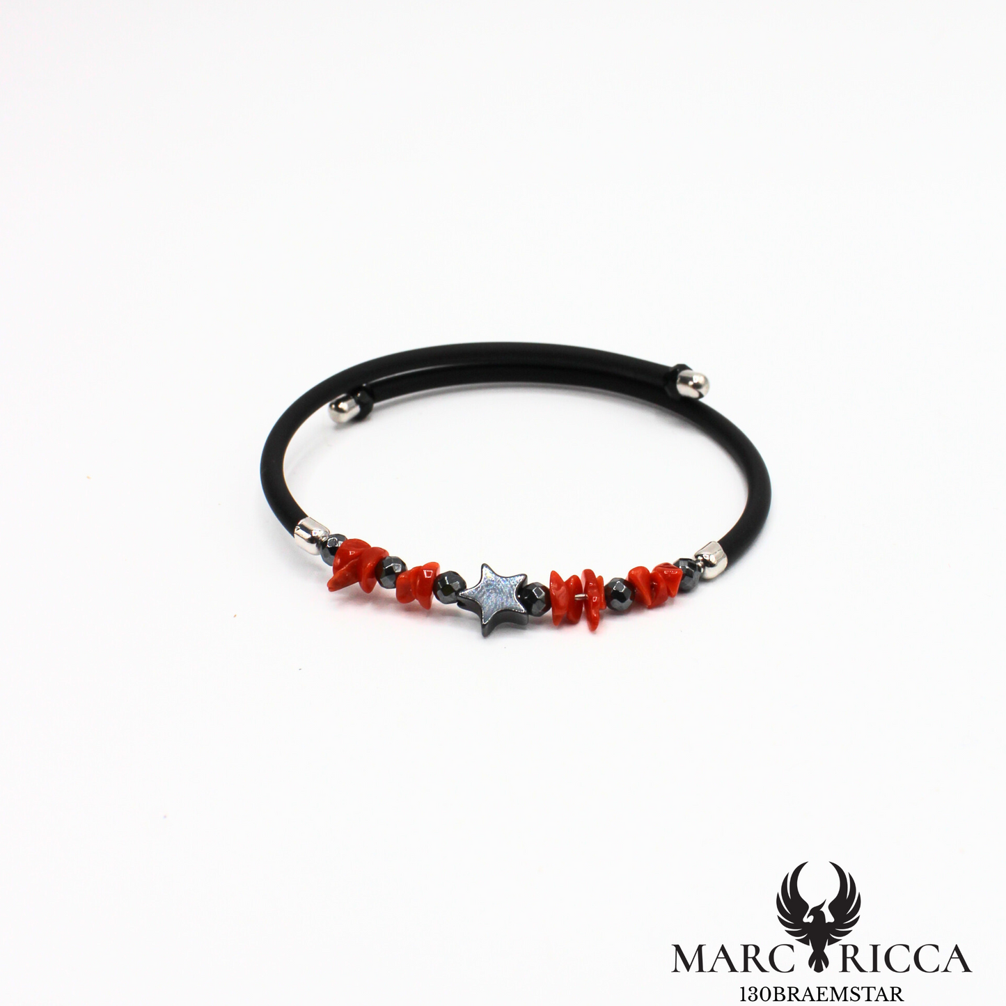 Bracelet jonc caoutchouc corail et hématite étoile