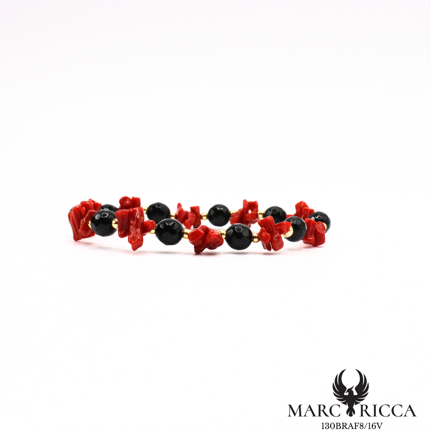 Bracelet élastique corail cupolino et cristal noir argent ou vermeil