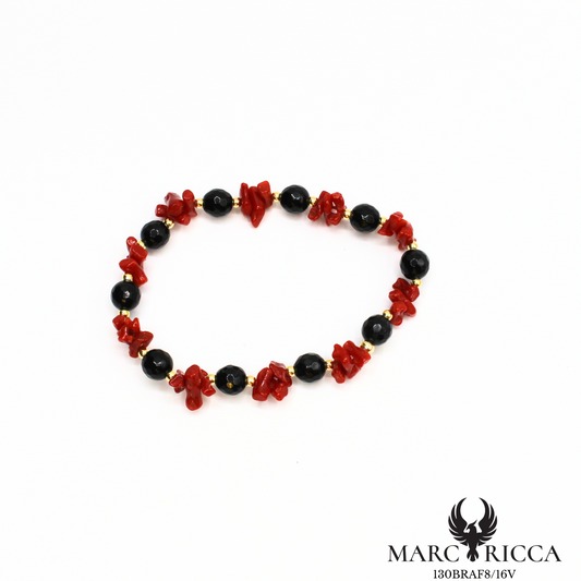 Bracelet élastique corail cupolino et cristal noir argent ou vermeil