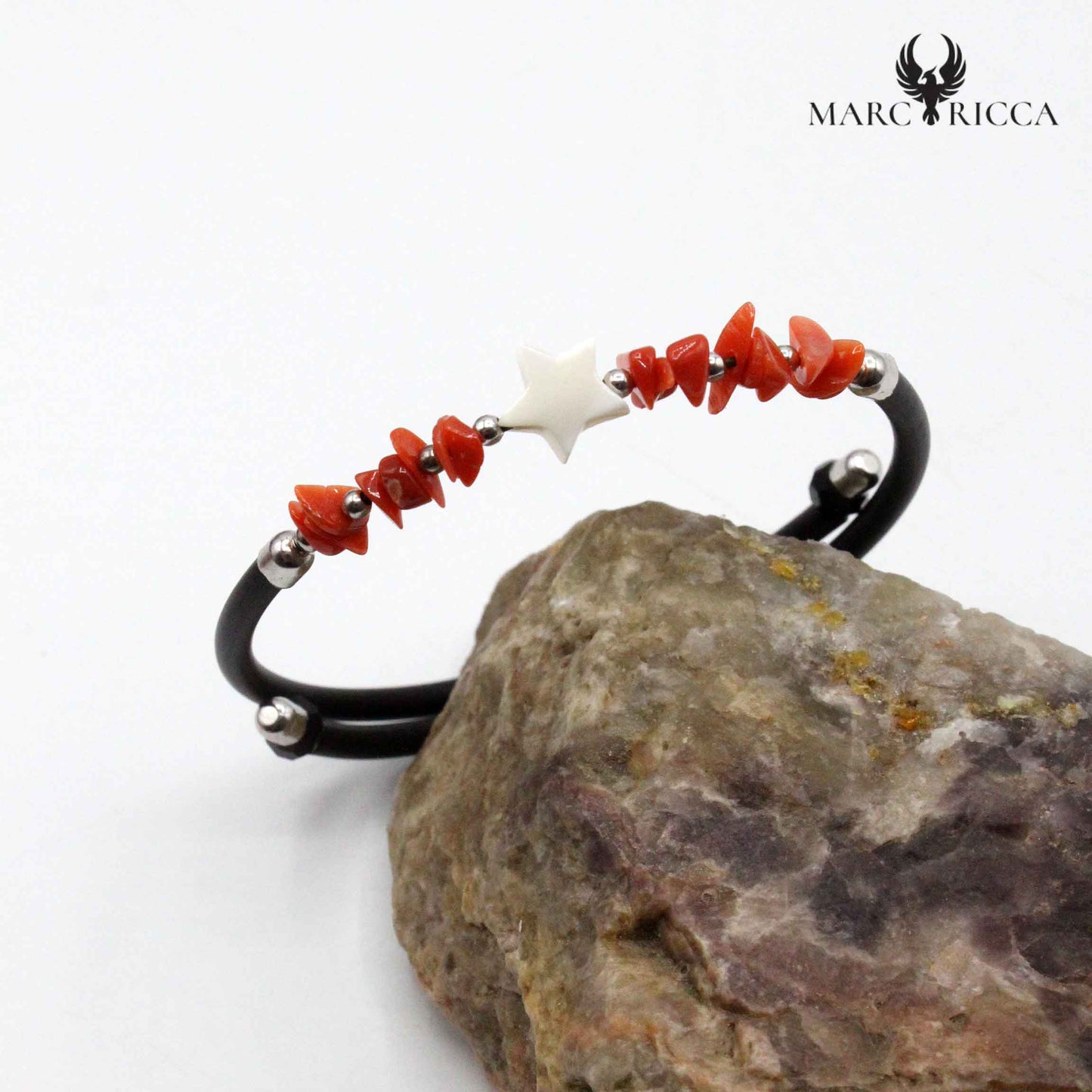 Bracelet Jonc Argent Caoutchouc, Corail & nacre étoile