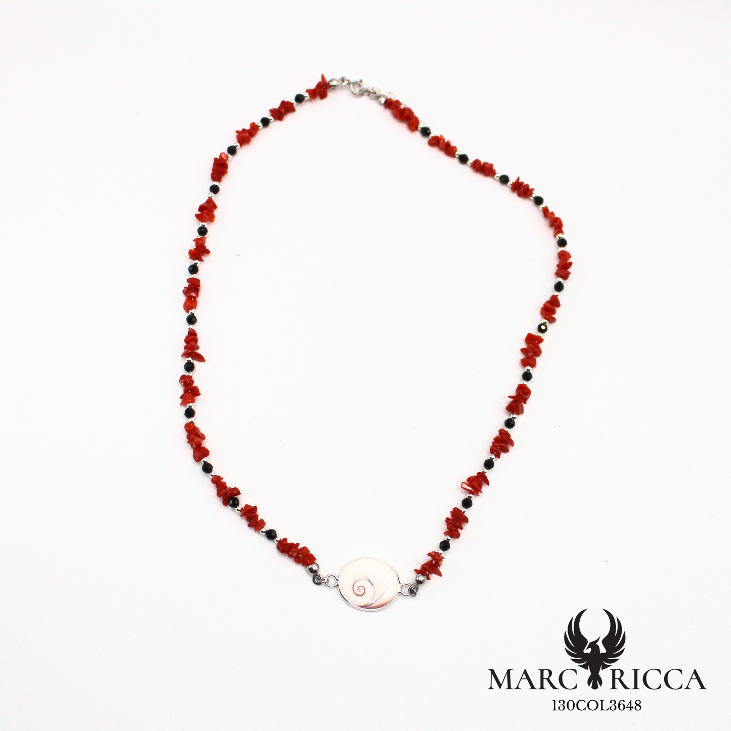 Collier corail, œil de Sainte Lucie et cristal noir en argent