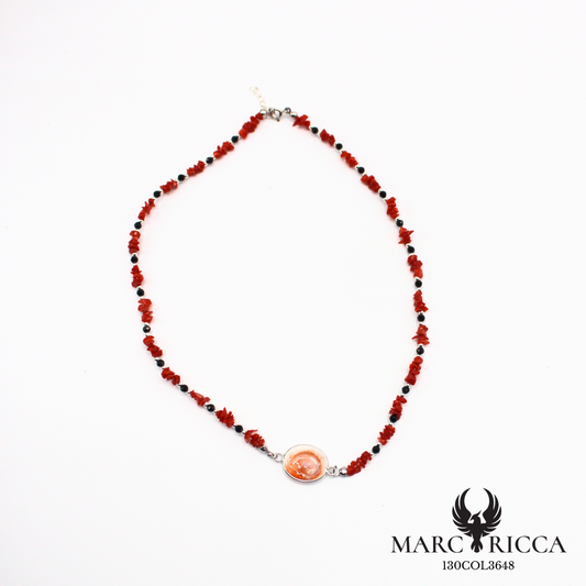 Collier corail, œil de Sainte Lucie et cristal noir en argent