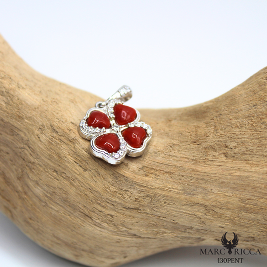 Pendentif Trèfle en argent avec corail et zirconium